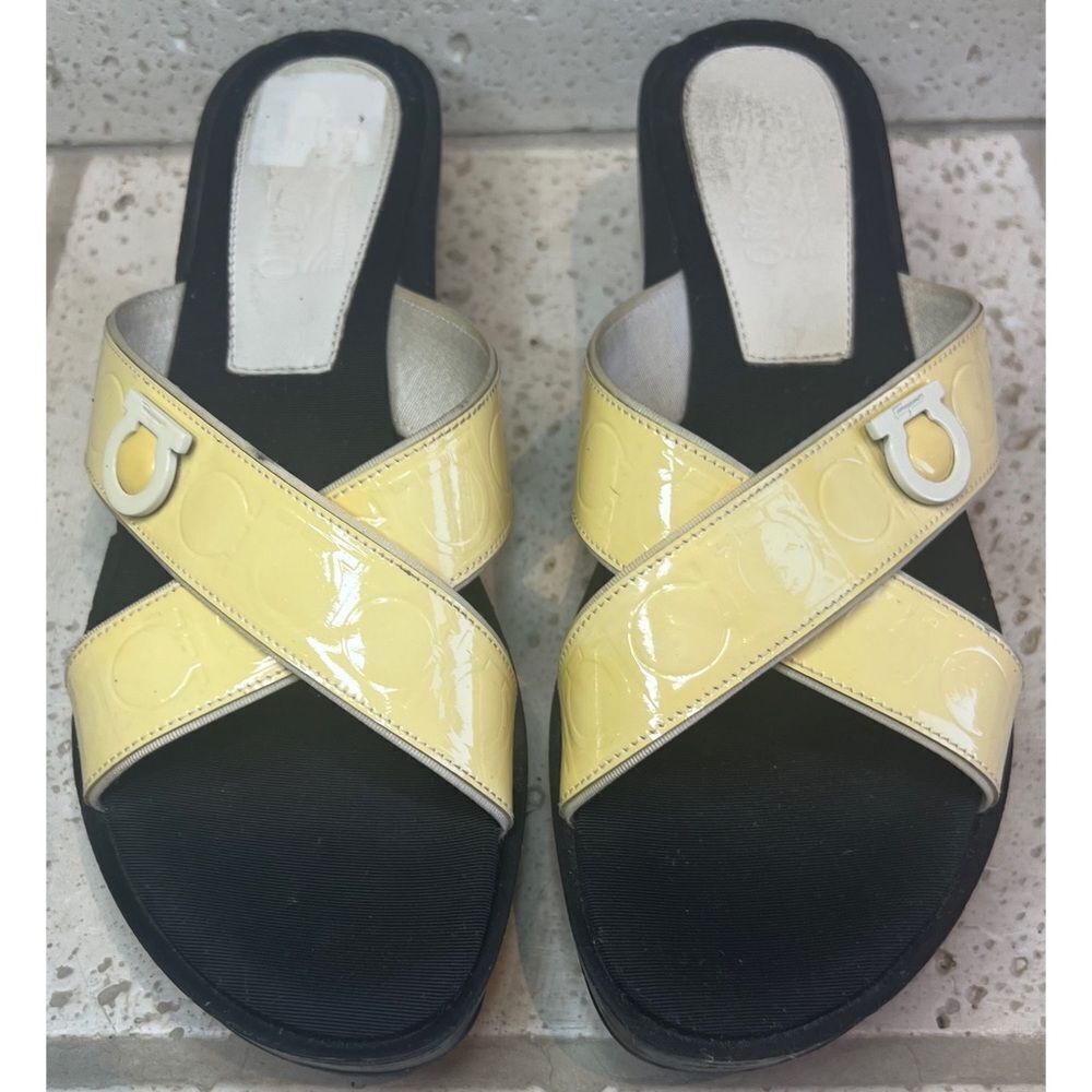 Salvatore Ferragamo Women’s Patent Leather Yellow Wedge Sandal Size 10